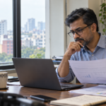 Experienced information security professional reviewing a risk report at an office desk.