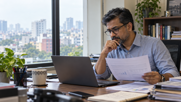 Experienced information security professional reviewing a risk report at an office desk.