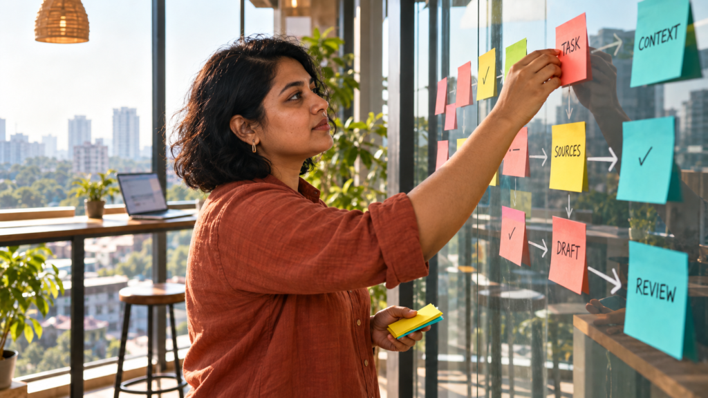 Bangladeshi professional arranging labeled task cards on a glass planning wall.