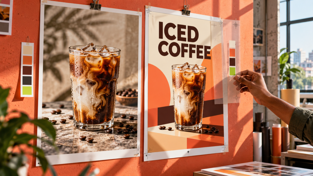 Iced coffee photo and finished poster proof displayed side by side in a design studio.