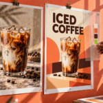 Iced coffee photo and finished poster proof displayed side by side in a design studio.