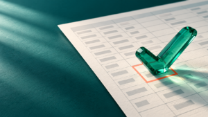 Glass checkmark resting on a highlighted cell of a spreadsheet.