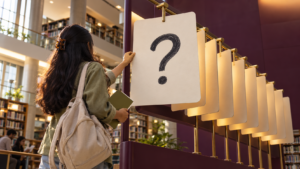 A learner turns a question card in a library, representing step-by-step study with AI.