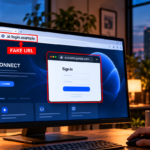 AI website displaying a deceptive sign-in window on an office monitor.
