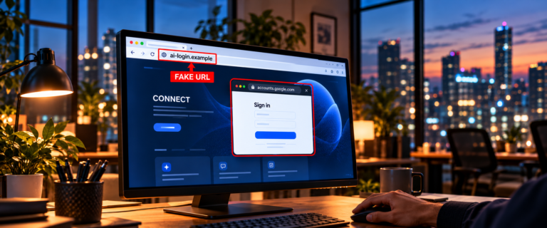 AI website displaying a deceptive sign-in window on an office monitor.