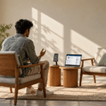 Job seeker practicing an interview answer aloud beside a phone recorder and an empty chair