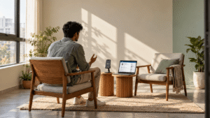 Job seeker practicing an interview answer aloud beside a phone recorder and an empty chair