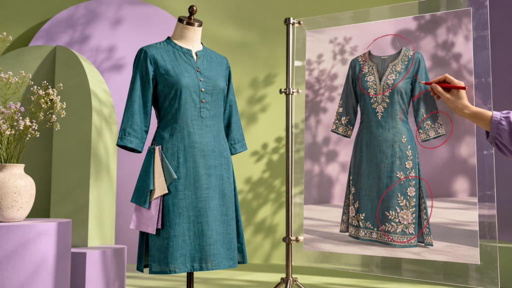 A designer compares a real kurti with an AI-generated advertising concept and marks inaccurate product details.